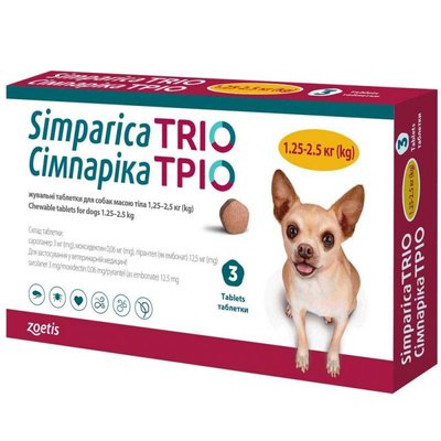 Симпарика Тріо 3 таблетки жувальні для собак 1,3-2,5 кг 67251 фото