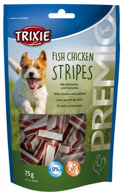 Premio Fish Chicken Stripes ласощі для собак з куркою і лососем, Тріксі 31534 Ласощі для собак Premio палоскі 100384 фото