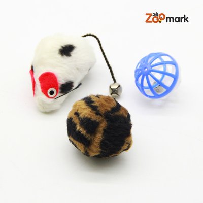 Набір іграшок для кішок кольорова миша, куля з пером, барабанчик 22158 фото