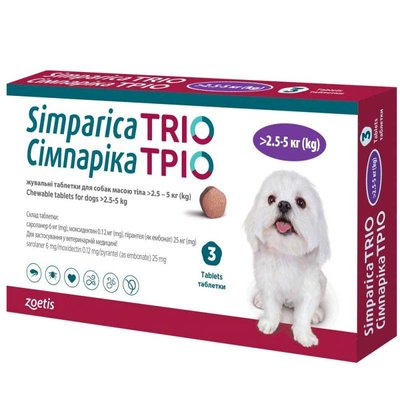 Симпарика Трио 3 таблетки жевательные для собак 2,6-5 кг (уп) 67252 фото