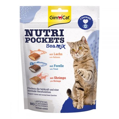 GimCat Nutri Pockets Sea Mix Taurine Лакомства для кошек лосось с форелью и креветками с таурином 150г 31067 фото