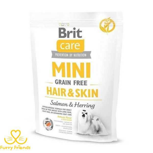 Brit Care GF Mini Hair Skin сухой корм для взрослых собак мелких пород имеющих длинную шерсть с лососем и селедкой 400 г 67347 фото