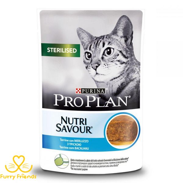 Purina Pro Plan Nutrisavour Sterilised консервы для стерилизованных кошек кусочки трески в паштете пауч 85г 60721 фото